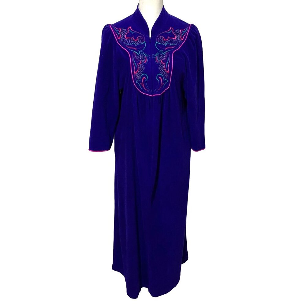 Vtg Vanity Fair Petites Womens Robe Housecoat‎ S Purple Grandmacore Embroidered